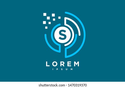 letter S logo. digital technology template vector logotype, pixel and circle line style. blue and white color.