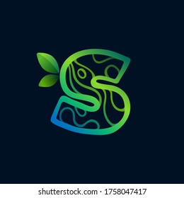 Letter S logo with eco waves pattern. Perfect vector green icon for landscape design, natural print and cartography labels, etc.