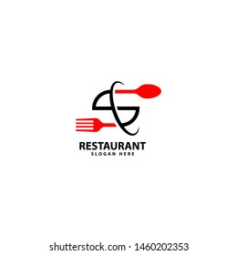 Letter S logo with fork, spoon, Eat logo. Cafe or restaurant emblem.