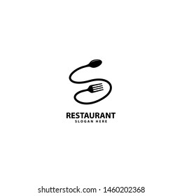 Letter S logo with fork, spoon, Eat logo. Cafe or restaurant emblem.