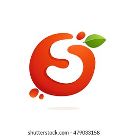 Letter S logo in fresh juice splash with green leaves. Vector elements for natural application, ecology presentation, business card or cafe posters.
