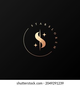 Letter S logo. Gold star round logo on black background