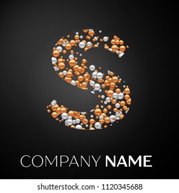 Letter S logo gold-silver dots. Alphabet logotype with abstract golden-silver bubbles shape on black background. Vector template for your design