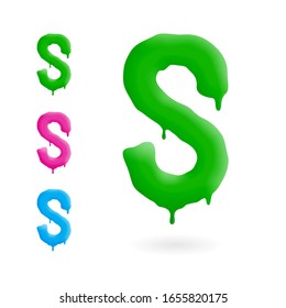 Buchstabe S Logo. Grüner, blauer und rosafarbener Charakter mit Tropfen. Flüssigkeitssymbol zum Trocknen. Einzelne Vektorillustration