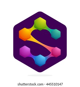 Letter S logo with Hexagon and lines. Bright color vector design for your science, biology, physics, chemistry company. Icon for banner, presentation, web page, app icon, card, labels or posters.