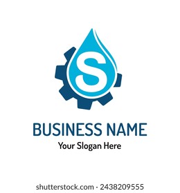 Letter S Logo Idea for Water Repair, Water Maintenance. Simple Modern Plumbing Service Logo with Water Drop and Gear