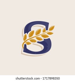 Letter S logo with laurel wreath. Classic serif font with line shadow. Vector icon perfect for boutique labels, sport posters, luxury identity, etc.