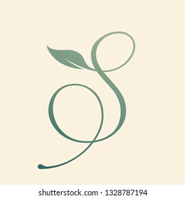 Letter S logo with leaf.Calligraphic icon with uppercase initial.Lettering sign with nature element in green color isolated on light background.