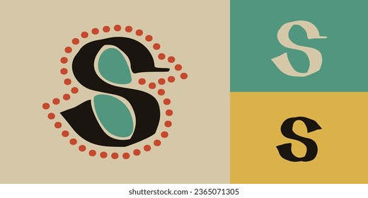 Letter S logo. Lindisfarne calligraphy in majuscule Celtic, Anglo-Saxon, Irish style with red dots pattern. Dim colored medieval initial. Vintage illuminated dropcap for brewery, heraldic monograms.