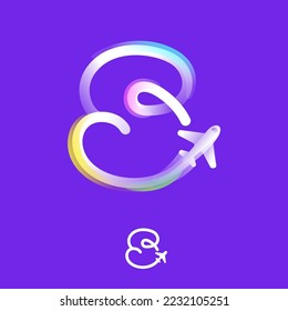 Letter S logo made of one gradient line with plane icon and rainbow shine. Overlapping multicolor emblem. Ideal for colorful travel app, delivery design, aviation advertising, flight identity.