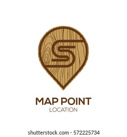 Letter S Logo Map Point Location with wooden texture,Pin maps symbol