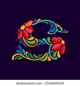 Letter S logo with Mexican colorful and ornate ethnic pattern. Traditional Aztec leaves and flowers embroidery ornament. Vector design template for folk Spanish food, holidays, carnival, and party.