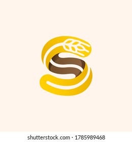 Letter S logo with negative space wheat. Perfect vector font for bakery identity, badges or emblems for natural fresh products, etc.