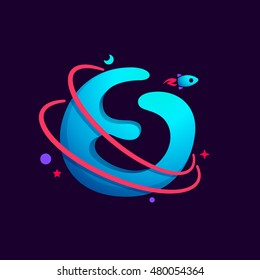 Letter S logo with planet, rocket and orbits lines. Bright vector design for science, biology, physics, chemistry company.