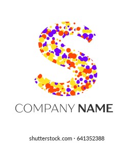 Letter S logo with purple, yellow, red particles and bubbles dots on white background. Vector template for your design