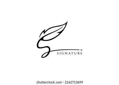 letter s logo with quill ink for classic writing style on paper, symbol of book author, publisher, initials and signature, luxury and elegant line art concept in black on white background.