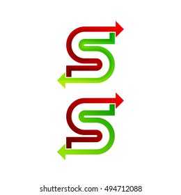 Letter S logo with Red and Green Arrow Forward Next Signs, Express Exchange Symbols, Transportation Export Import icons, Technology Digital Connection Trading concept for Corporate identity Business