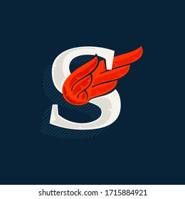 Letter S logo with red wing. Classic serif font with shadow made of lines. Vector icon perfect for sport labels, shipping posters, power identity, etc.