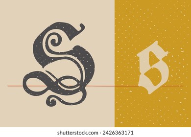 Letter S logo set. Medieval Polish blackletter calligraphy. 15th century Schwabacher Gothic type. Old German style font for fairy tale, premium newspaper headline, magic testament, heraldry manuscript