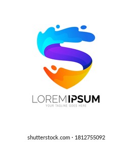 Letter S logo with shield design colorful, Security logo and water swoosh