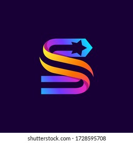 Letter S logo with star inside. Vector parallel lines icon. Perfect font for multicolor labels, space print, nightlife posters etc.