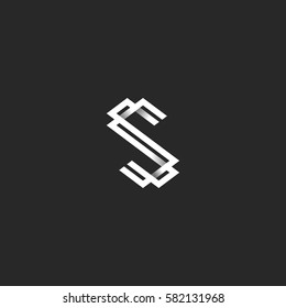 The letter S logo in the style of black and white idea monogram, interweaving lines with shadows two initials SS, mockup design elements for typography