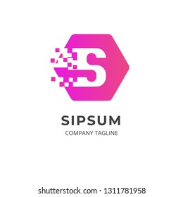 Letter S logo template. Creative logo on hexagonal shape with soft gradient color. Pixel dot design style. Can be use as symbol and icon for your business identity.