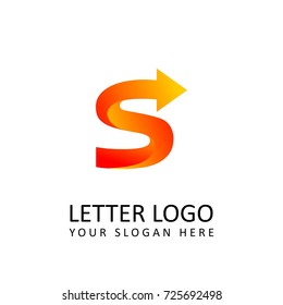 letter S logo template orange round ribbon with arrow head