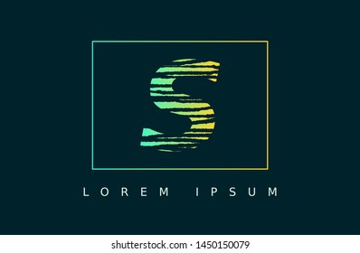 Letter S logo vector with green line box. wood texture style