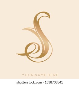 Letter S logo.Calligraphic golden icon isolated on light rose color background.Hand drawn typographic shape with uppercase lettering.Initial character with organic decorations.Ornate, luxury style.