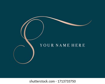 Letter S logo.Calligraphic icon isolated on dark background. Lettering sign with swirl.Rose gold decorative alphabet initial.Elegant, feminine, whimsical, wedding, shiny script signature character.