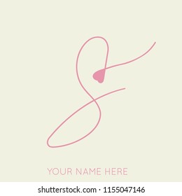 Letter S logo.Calligraphic lettering with decorative heart shape.Vector icon lettering.Romantic, wedding style letter s in pink color isolated on light background.