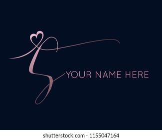 Letter S logo.Calligraphic lettering with decorative line in shape of heart.Vector icon lettering.Romantic, wedding style letter s in pink color isolated on dark background.