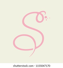Letter S logo.Calligraphic lettering with decorative bubbles.Vector icon lettering.Romantic, wedding style letter s in pink color isolated on light background.
