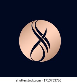 Letter S logo.Circular emblem style calligraphic icon isolated on dark background. Lettering sign.Rose gold metal color decorative alphabet initial.Elegant,feminine,shiny script signature character.