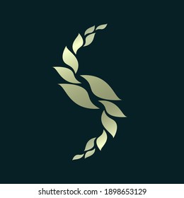 Letter S logo.Decorative creative typographic icon isolated on dark green background.Symbol icon for beauty, spa, cosmetics, elegant, fresh luxury brand.Alphabet initial.Nature leaf elements.