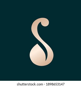 Logo de la letra S.Icono decorativo creativo tipográfico aislado en fondo oscuro.Icono símbolo para belleza, spa, cosméticos, marca elegante, de lujo.Alfabeto inicial.Color brillante metálico rosa dorado.