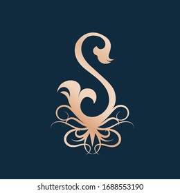 Letter S logo.Ornate typographic icon isolated on dark background.Decorative lettering sign.Alphabet initial and floral elements.Vintage,elegant,luxury style character shape for company brand.