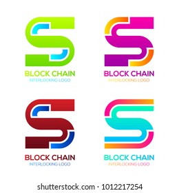 Letter S logos Colorful shape with Blockchain Technology and Abstract Interlocking, Bitcoin Cryptocurrency data, Digital connect link network Concept