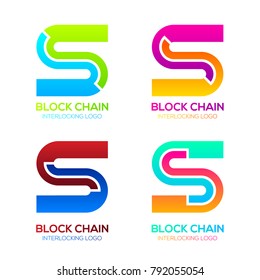 Letter S logos Colorful Shape with Blockchain Technology and Abstract Interlocking, Bitcoin Cryptocurrency data, Digital connect link network Concept