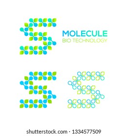 Letter S Logotype with Green Leave and Dots cross, Molecular cell structure concept, Nano Technology and Ecology Biology logo, Eco Plant Icons, Chemistry and DNA Symbols, Science Laboratory Signs