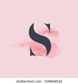 Letter S logo.Typographic icon with pink watercolor fund.Lettering sign isolated on light background.Alphabet initial.Modern,beauty,luxury,boutique style uppercase character graphic shape.