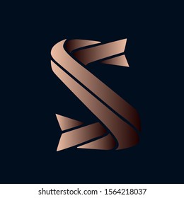 Letter S logo.Typographic icon.Lettering sign for company branding.Twisted elements uppercase alphabet initial isolated on dark fund.Character shape.Modern,geometric,corporate style.Copper color.