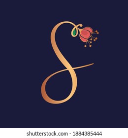 Letter S Logo.Wedding Decorative Creative Calligraphic Icon Isolated On Dark Fund.Ornate Symbol Icon For Beauty, Fresh, Elegant Brand.Alphabet Initial.Nature Leaf, Petal, Flower Elements.Gold Color.