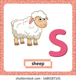 Letra S minúscula con tierno dibujo de oveja o cordero aislado de fondo blanco. Graciosa tarjeta flashcard Zoo y los animales alfabeto ABC. Tarjeta educativa para niños que aprenden vocabulario inglés. VectorEPS10