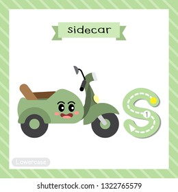 Letter S lowercase cute children colorful transportations ABC alphabet tracing flashcard of Sidecar for kids learning English vocabulary and handwriting Vector Illustration.