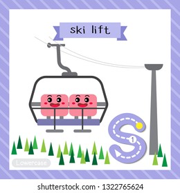 Letter S lowercase cute children colorful transportations ABC alphabet tracing flashcard of Ski Lift for kids learning English vocabulary and handwriting Vector Illustration.