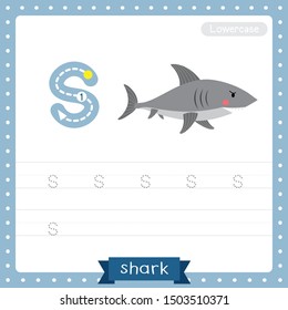 Letter S lowercase cute children colorful zoo and animals ABC alphabet tracing practice worksheet of Shark side view for kids learning English vocabulary and handwriting vector illustration.