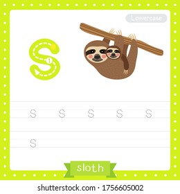 Letter S lowercase cute children colorful zoo and animals ABC alphabet tracing practice worksheet of Mother and child Sloth for kids learning English vocabulary and handwriting vector illustration.