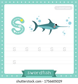 Letter S lowercase cute children colorful zoo and animals ABC alphabet tracing practice worksheet of Swordfish for kids learning English vocabulary and handwriting vector illustration.